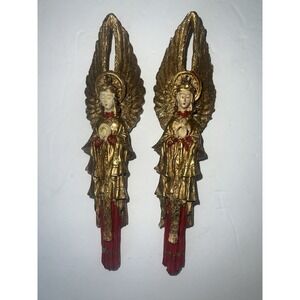 Lot Of 2 Large‎ Angel Christmas Ornaments 7" Vintage Hand Painted Wood Polystone